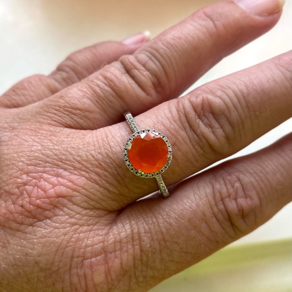 Fire Opal Diamond Halo Ring, 14k White Gold, Sz 9, Exc. Cond. - Picture 6 of 8